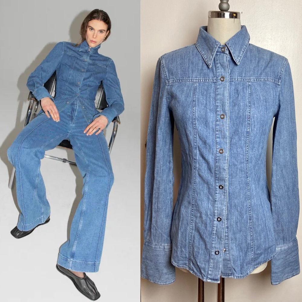$490 Another Tomorrow Chambray Shirt Light Blue